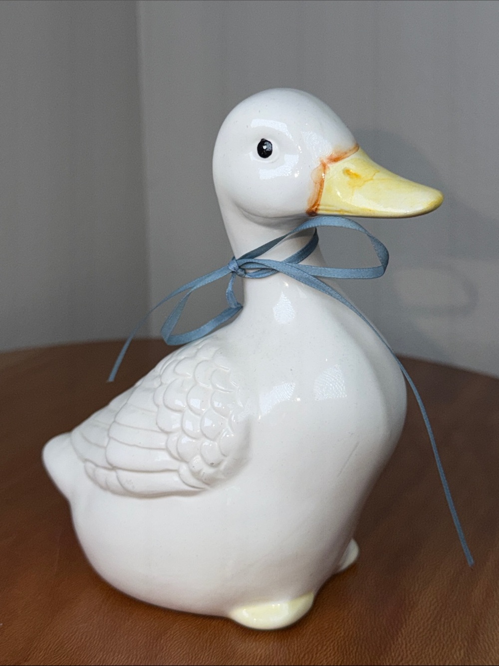 Vintage Hand Crafted Hand Made Ceramic Duck White Yellow Blue Bow Farmhouse
